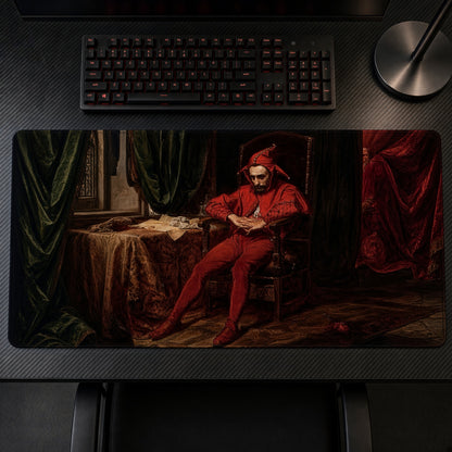 Brooding Red Jester Painting Playmat on a gaming desk, top-down view