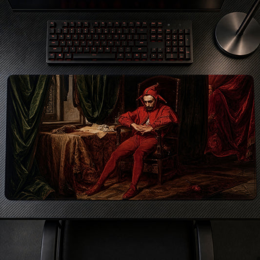 Brooding Red Jester Painting Playmat on a gaming desk, top-down view