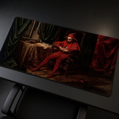 Brooding Red Jester Painting Playmat at an angle on a gaming desk