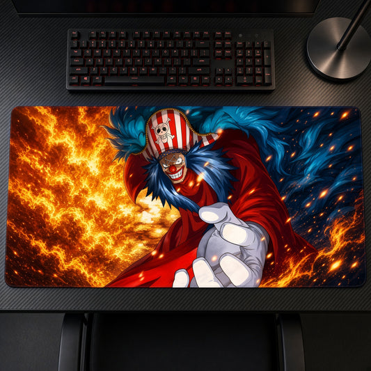 Buggy the Clown One Piece Playmat on a gaming desk, top-down view