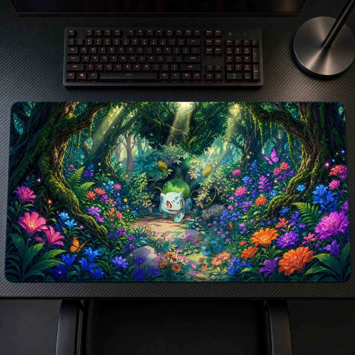 Bulbasaur Flower Forest Pokémon Playmat on a gaming desk, top-down view