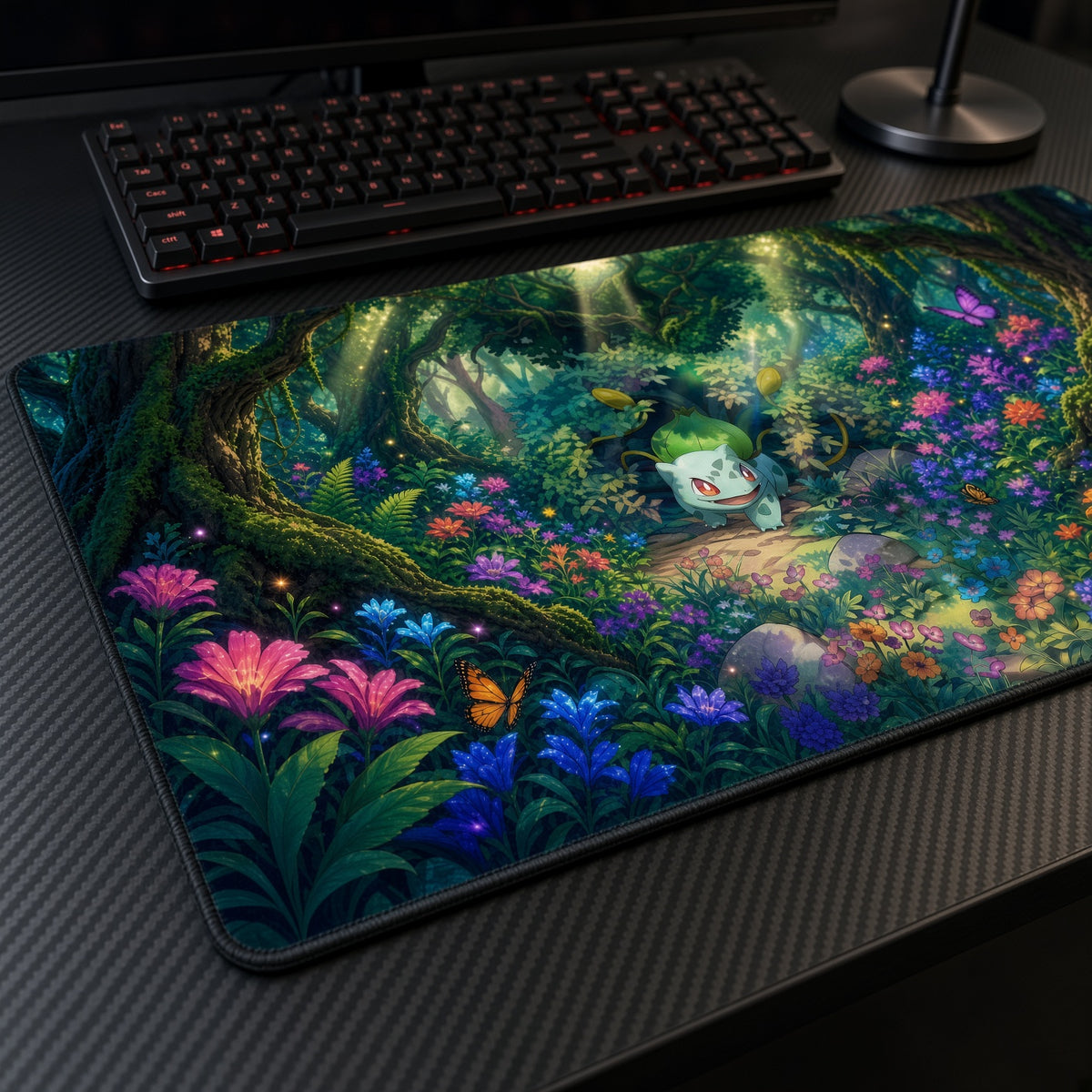 Bulbasaur Flower Forest Pokémon Playmat at an angle with keyboard and mouse