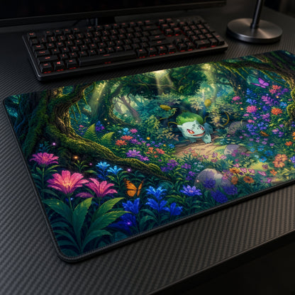 Bulbasaur Flower Forest Pokémon Playmat at an angle with keyboard and mouse