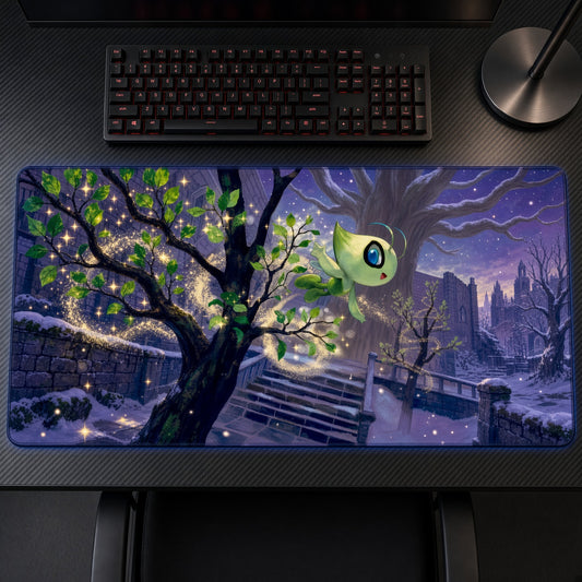 Celebi Night Forest Pokémon Playmat on a gaming desk, top-down view