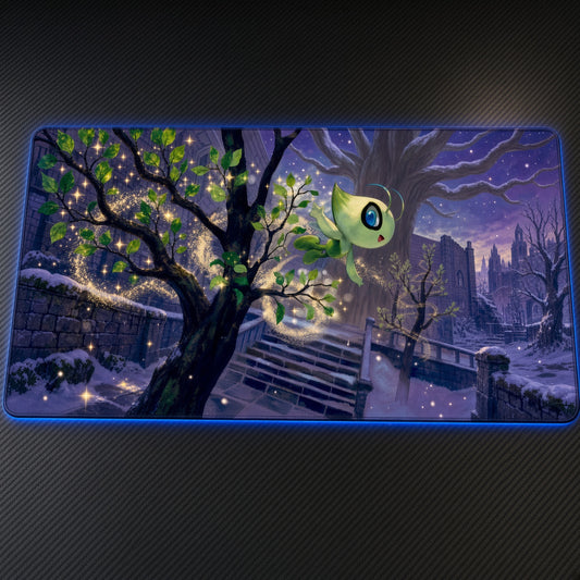 Celebi Night Forest Pokémon Playmat at an angle on a gaming desk
