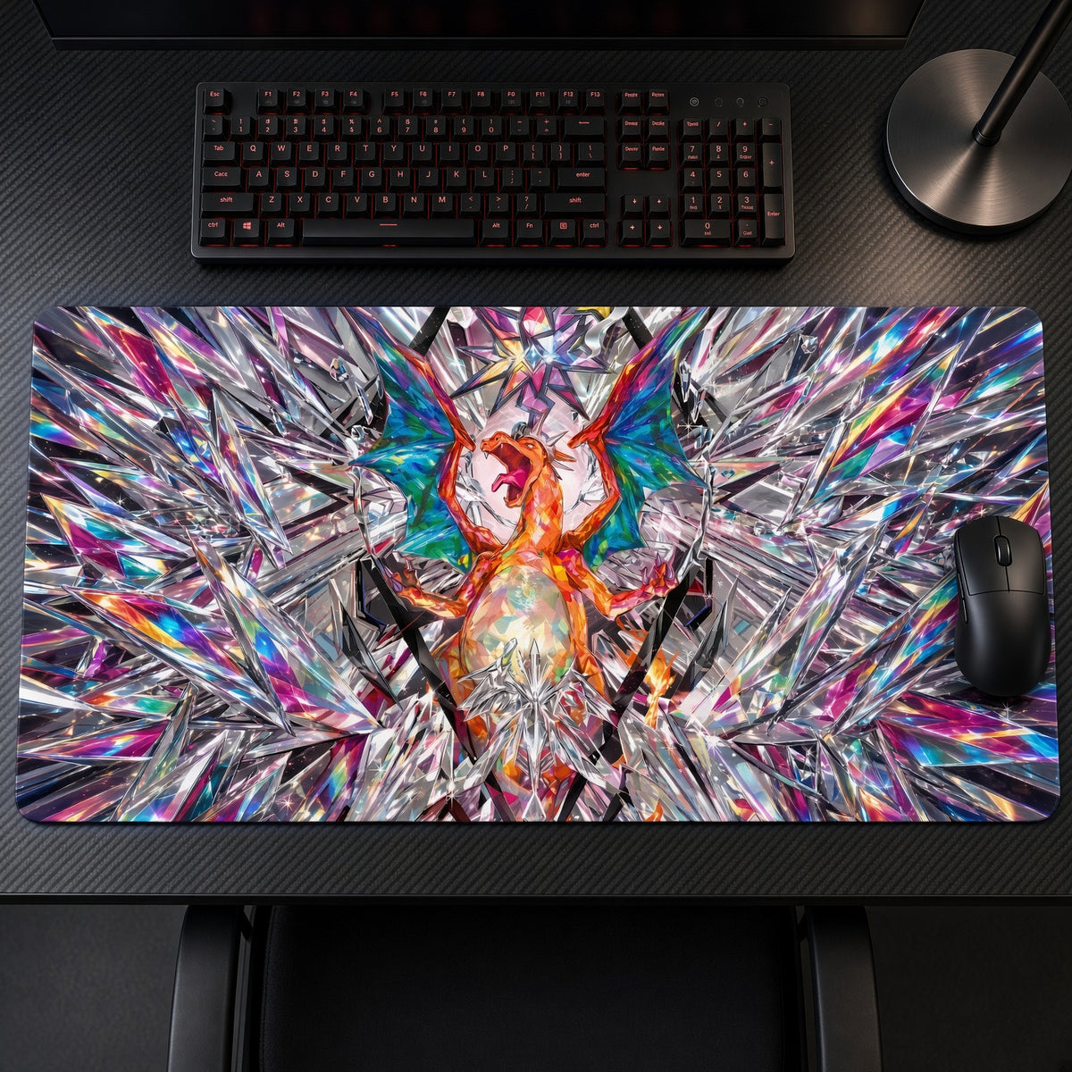 Charizard Crystal Prism Pokémon Playmat on a gaming desk, top-down view