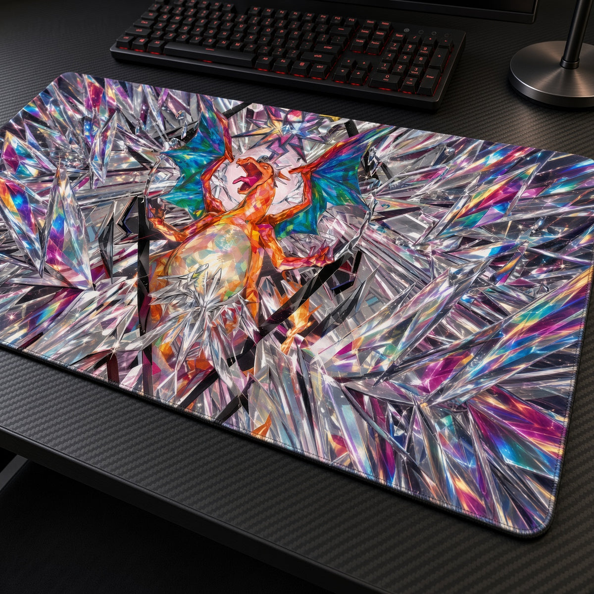 Charizard Crystal Prism Pokémon Playmat at an angle with keyboard and mouse