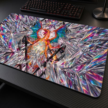 Charizard Crystal Prism Pokémon Playmat at an angle with keyboard and mouse