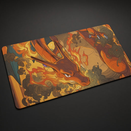 Charizard Dragon Fury playmat at an angle on a gaming desk