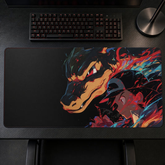 Charizard Dragon Trainer playmat on a gaming desk, top-down view