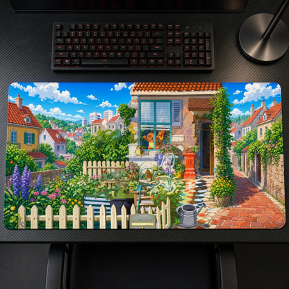 Charmander Village House Pokémon Playmat on a gaming desk, top-down view