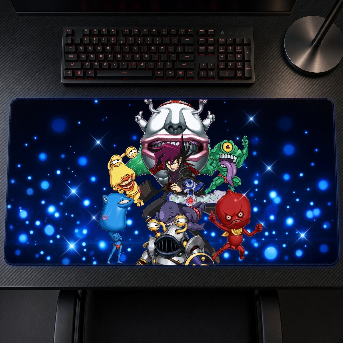 Chazz Princeton and Ojamas Yu-Gi-Oh! GX Playmat on a gaming desk, top-down view