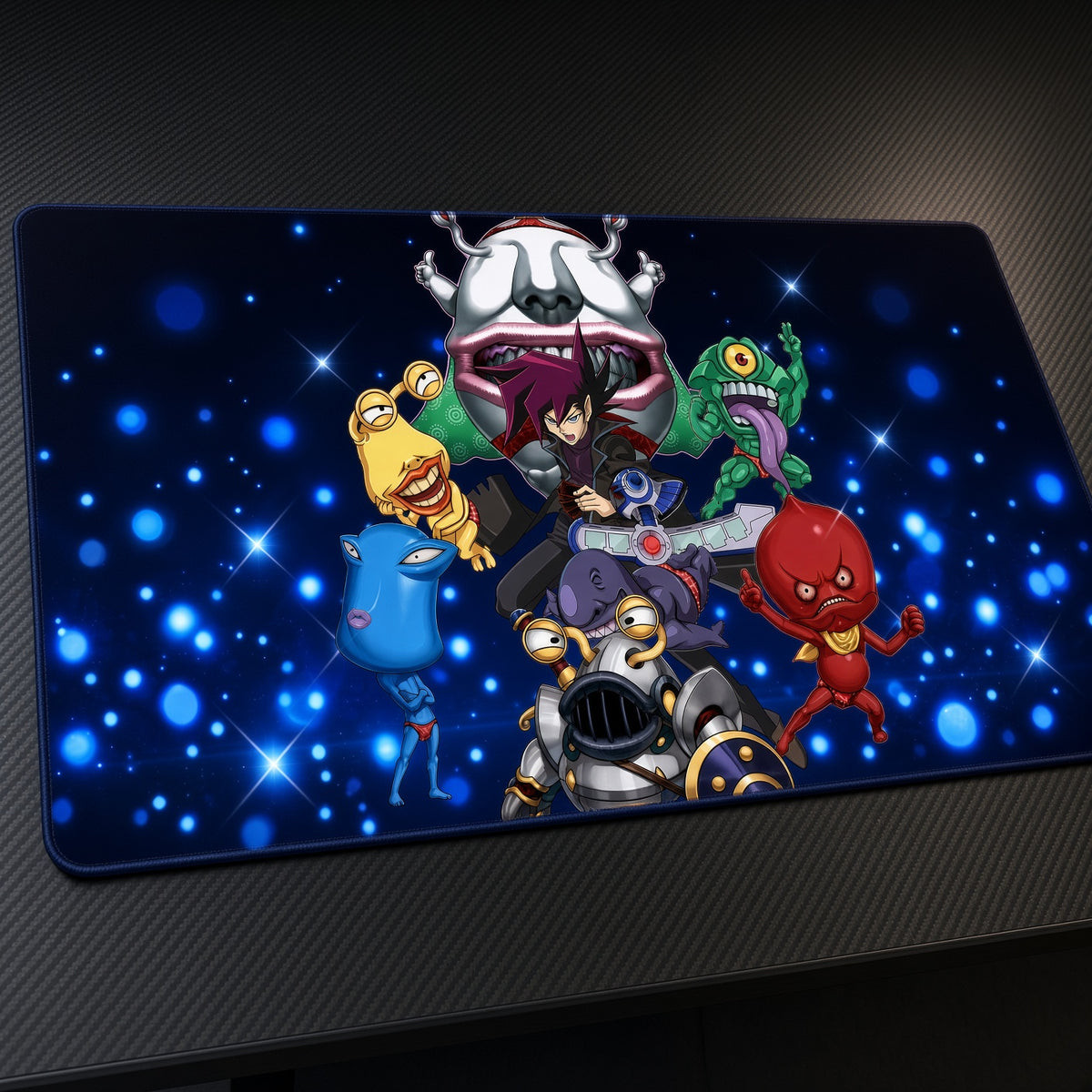 Chazz Princeton and Ojamas Yu-Gi-Oh! GX Playmat at an angle on a gaming desk
