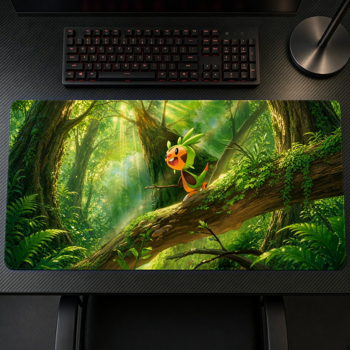Chespin Sunlit Forest Pokémon Playmat on a gaming desk, top-down view