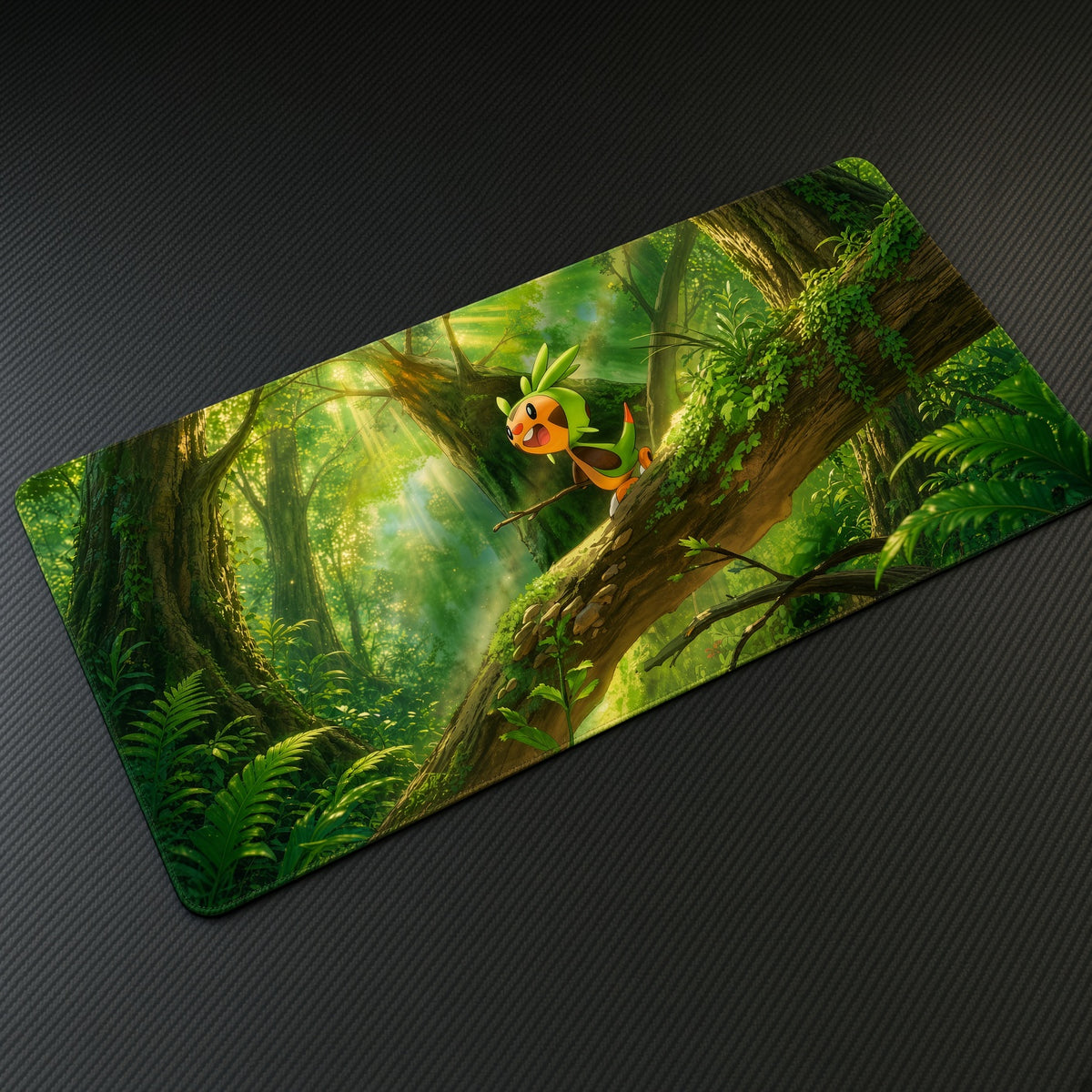 Chespin Sunlit Forest Pokémon Playmat at an angle on a gaming desk