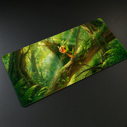 Chespin Sunlit Forest Pokémon Playmat at an angle on a gaming desk