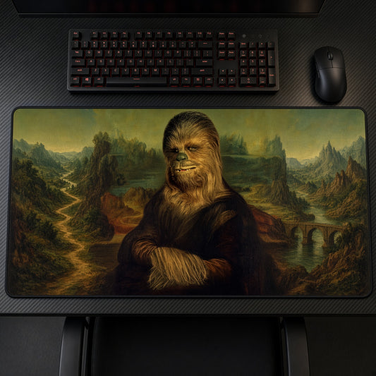 Chewbacca Mona Lisa Star Wars Playmat on a gaming desk, top-down view