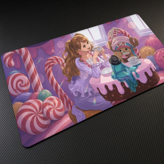 Chopper Candy Room One Piece Playmat at an angle on a gaming desk