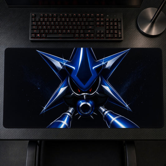 Chrome Blue Spiked Robot Playmat on a gaming desk, top-down view