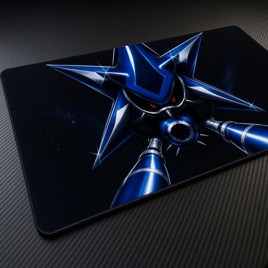 Chrome Blue Spiked Robot Playmat at an angle on a gaming desk