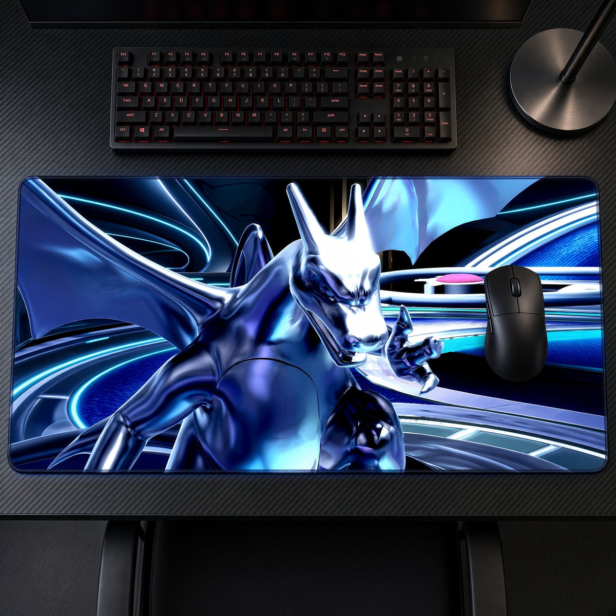 Chrome Charizard Pokémon Playmat on a gaming desk, top-down view