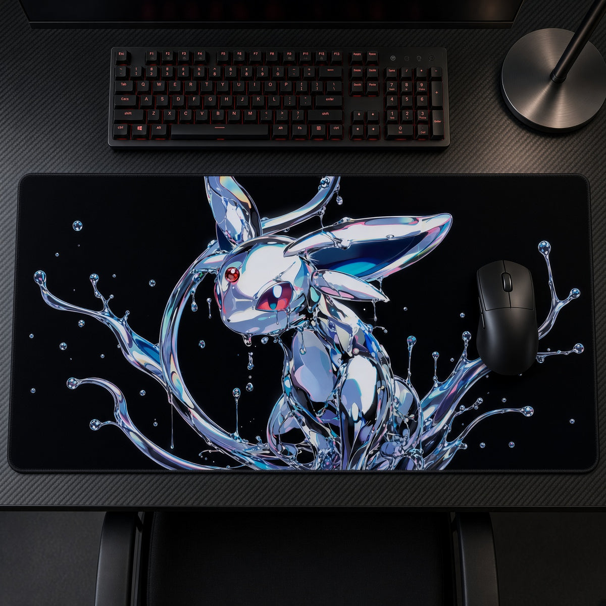 Chrome Espeon Pokémon Playmat on a gaming desk, top-down view
