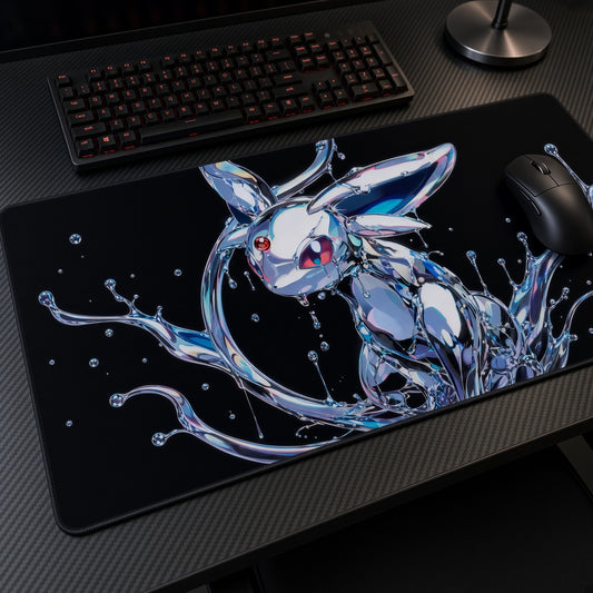Chrome Espeon Pokémon Playmat at an angle on a gaming desk