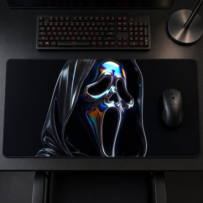 Chrome Ghostface Playmat on a gaming desk, top-down view