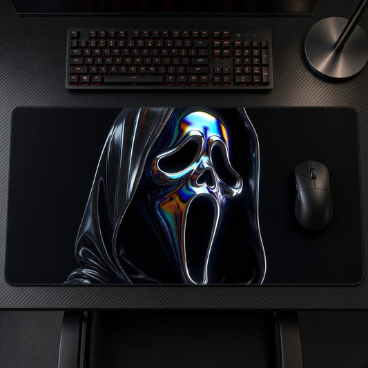 Chrome Ghostface Playmat on a gaming desk, top-down view