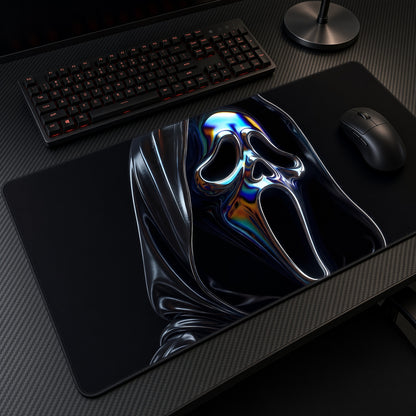 Chrome Ghostface Playmat at an angle on a gaming desk