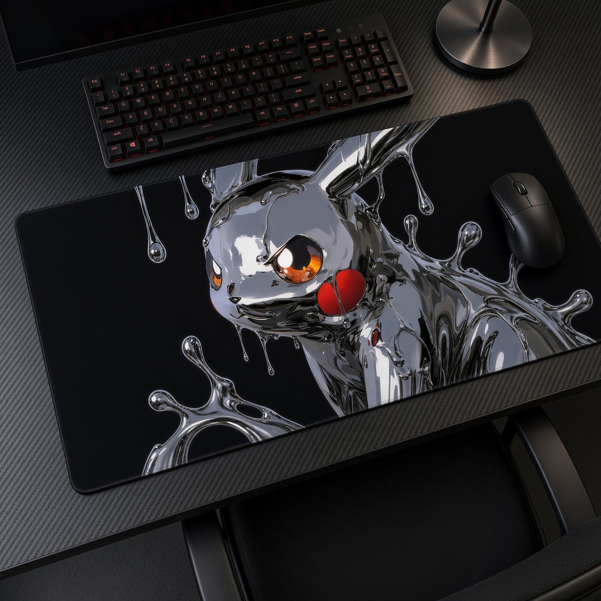 Chrome Pikachu Pokémon Playmat at an angle on a gaming desk