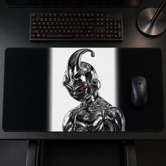Chrome Super Buu Playmat on a gaming desk, top-down view