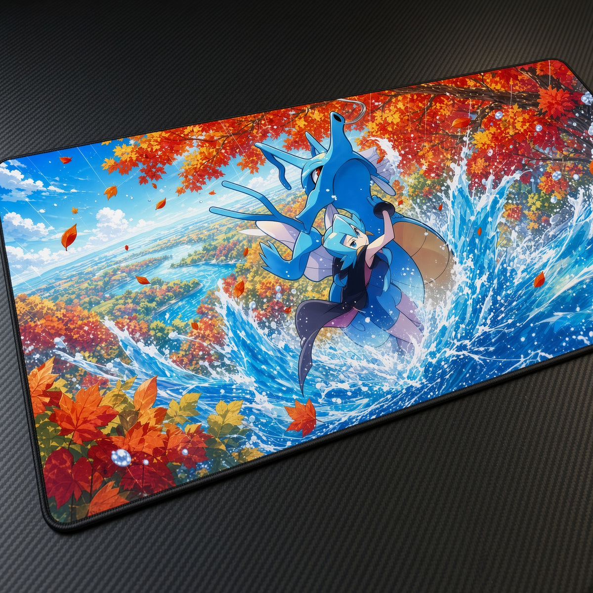 Clair & Kingdra Autumn Splash Pokémon Playmat at an angle on a gaming desk