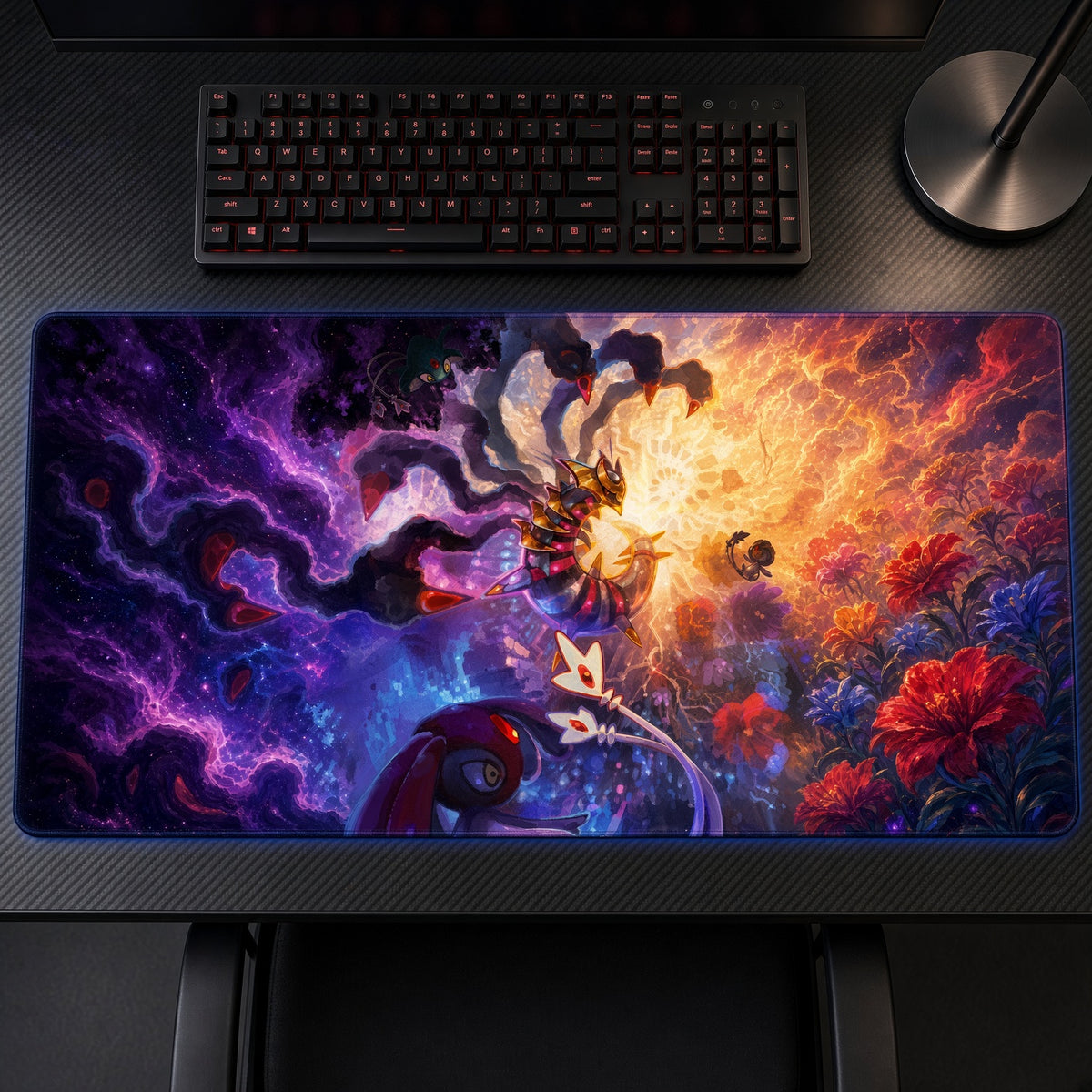 Cosmic Chaos Battle Playmat on a gaming desk, top-down view
