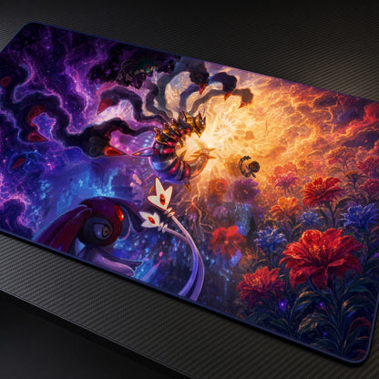 Cosmic Chaos Battle Playmat at an angle on a gaming desk