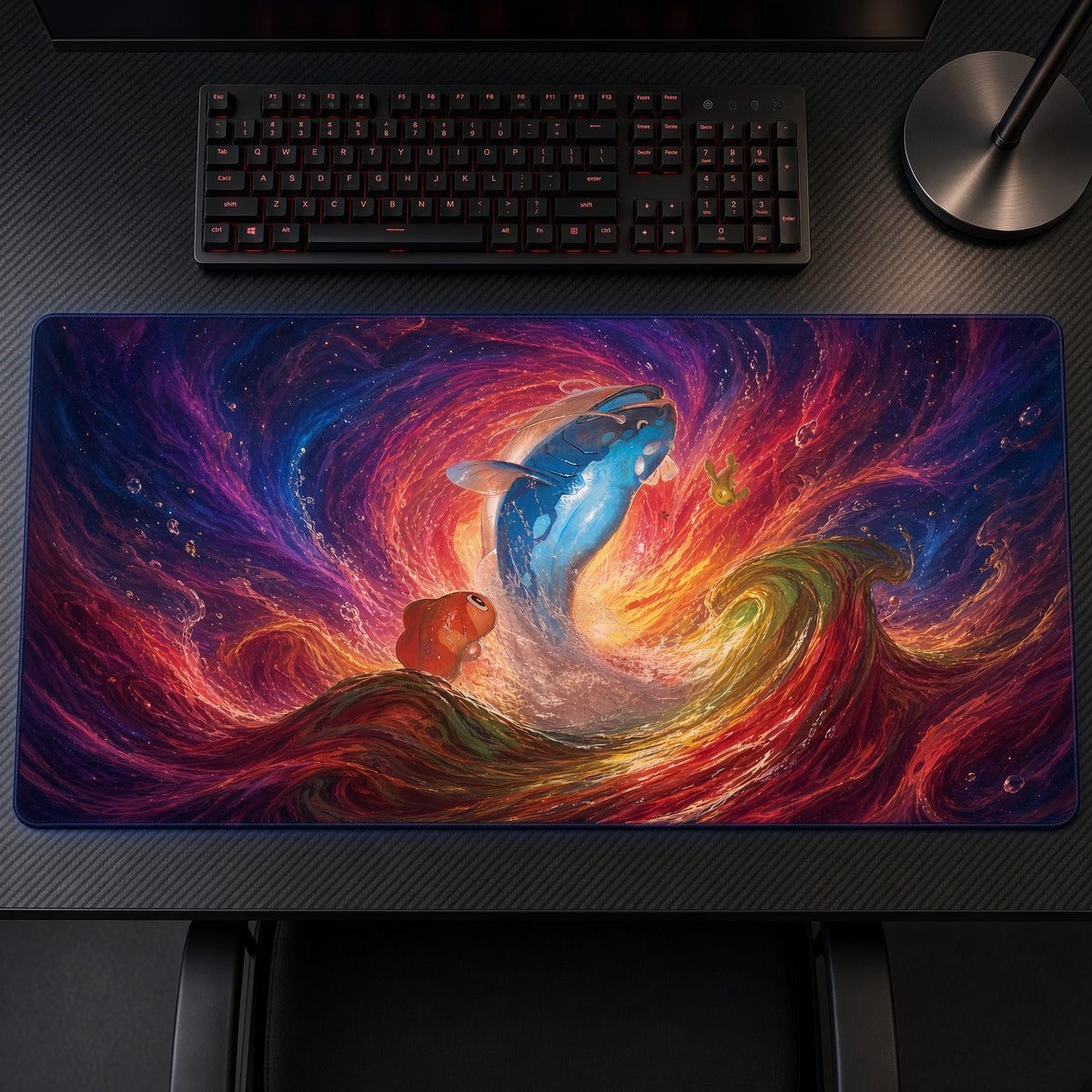 Cosmic Koi Wave Playmat on a gaming desk, top-down view