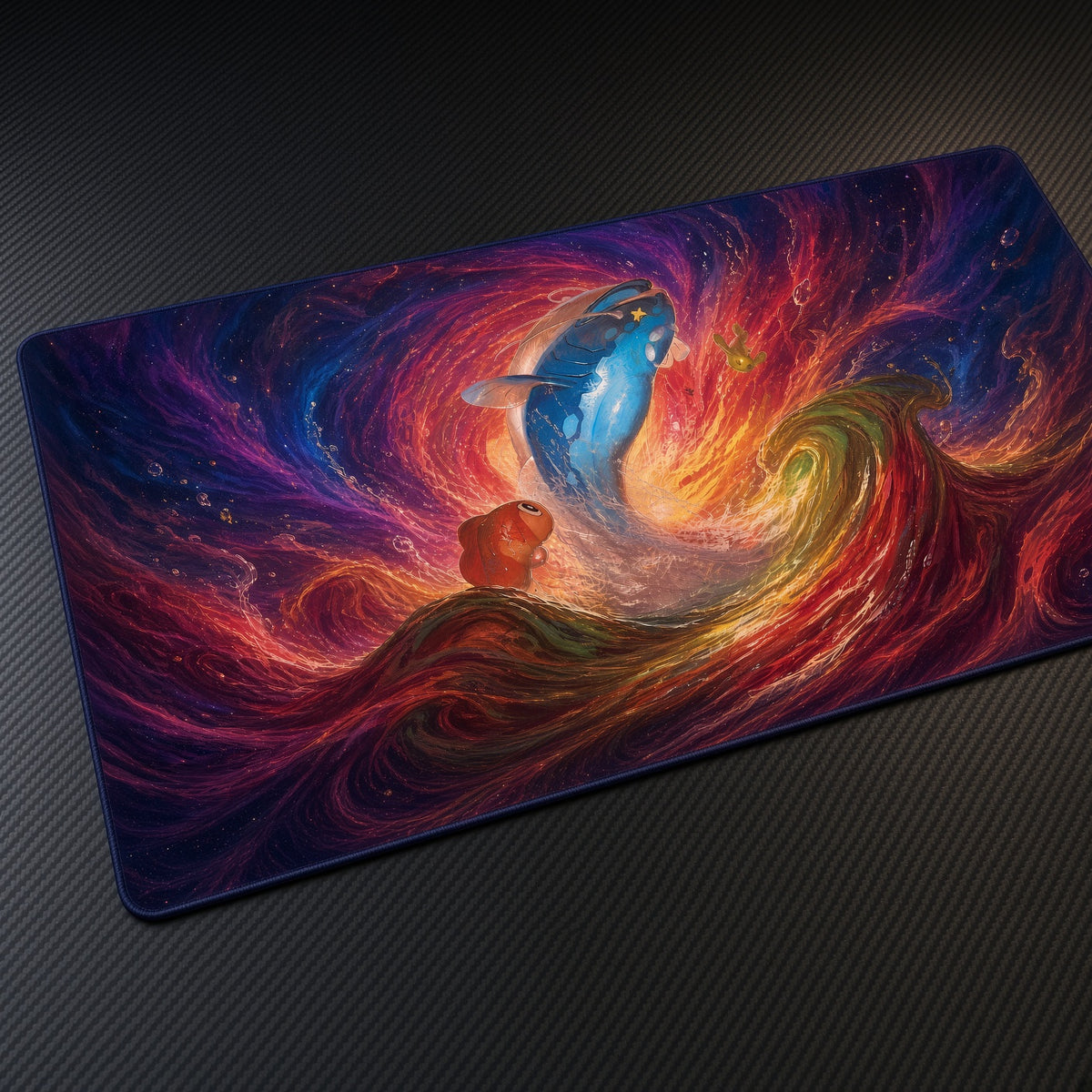 Cosmic Koi Wave Playmat at an angle on a gaming desk