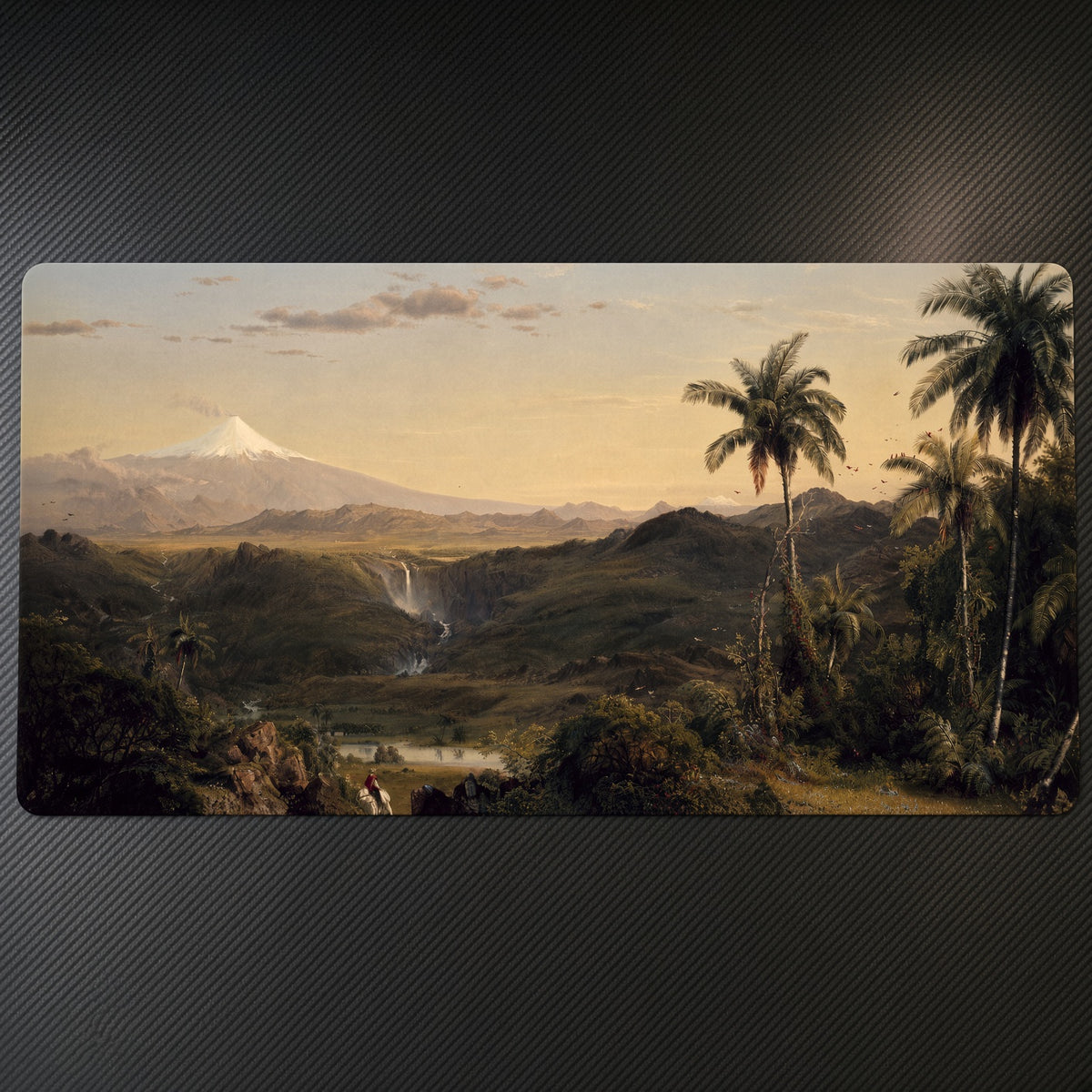 Cotopaxi Frederic Edwin Church Playmat on a gaming desk, top-down view