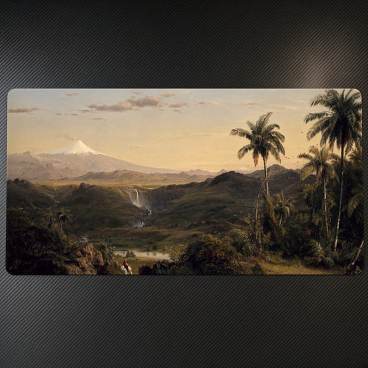 Cotopaxi Frederic Edwin Church Playmat on a gaming desk, top-down view