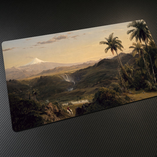 Cotopaxi Frederic Edwin Church Playmat at an angle on a gaming desk