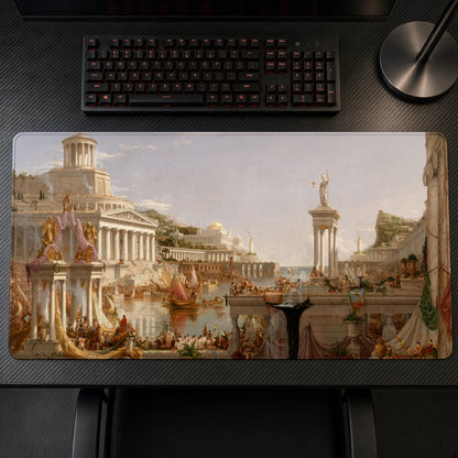 The Course of Empire: The Consummation of Empire Thomas Cole Playmat on a gaming desk, top-down view