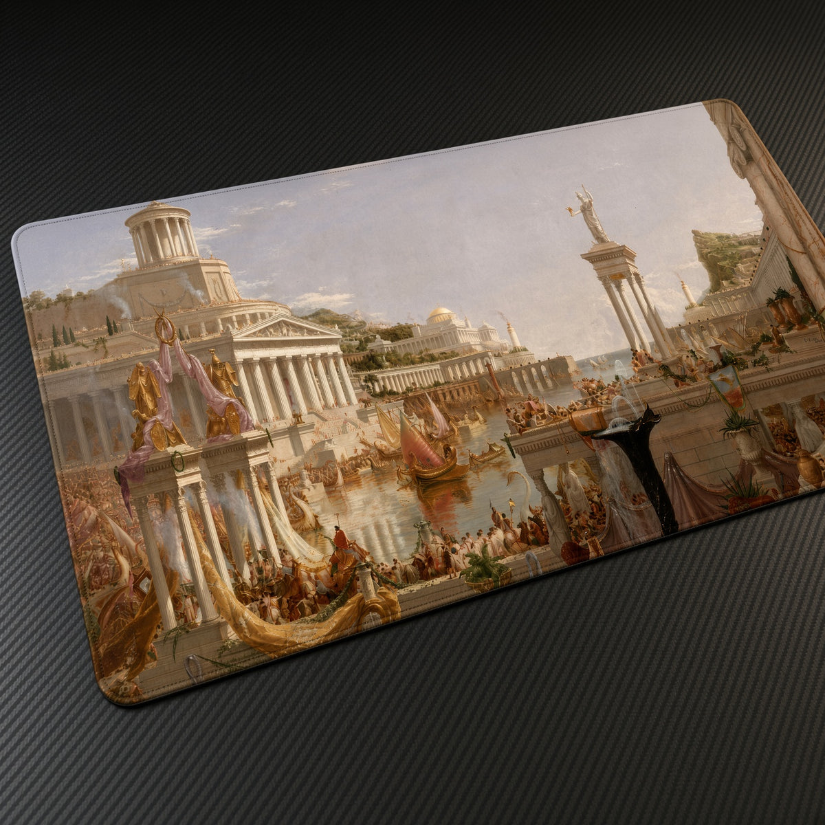 The Course of Empire: The Consummation of Empire Thomas Cole Playmat at an angle on a gaming desk
