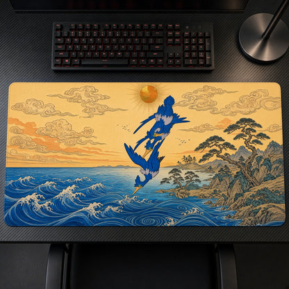 Cramorant Great Wave Pokémon Playmat on a gaming desk, top-down view