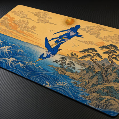 Cramorant Great Wave Pokémon Playmat at an angle with keyboard and mouse