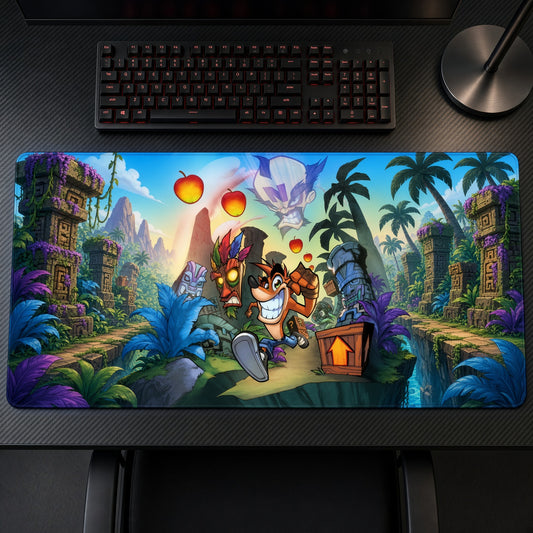 Crash Bandicoot Jungle Temple Playmat on a gaming desk, top-down view