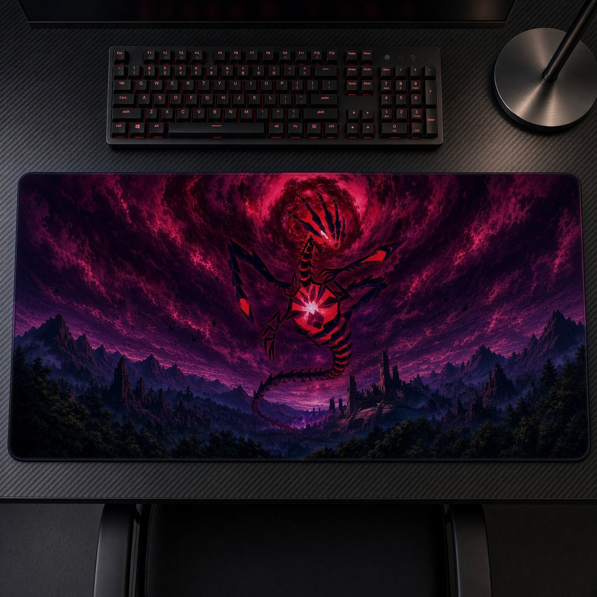 Crimson Demon Dragon Sky Playmat on a gaming desk, top-down view