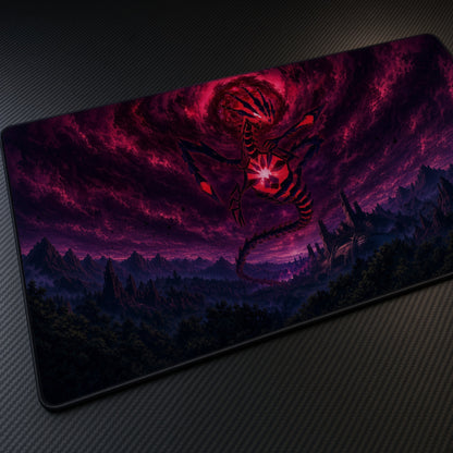 Crimson Demon Dragon Sky Playmat at an angle on a gaming desk