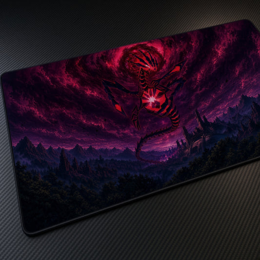 Crimson Demon Dragon Sky Playmat at an angle on a gaming desk