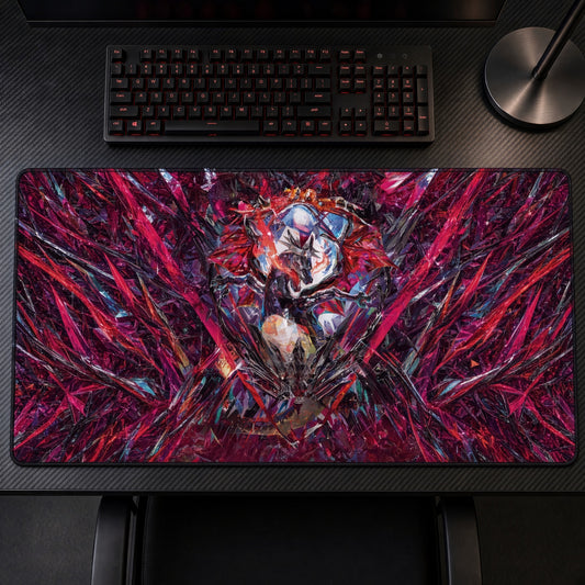 Crimson Shard Abstract Warrior Playmat on a gaming desk, top-down view