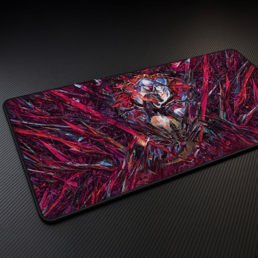 Crimson Shard Abstract Warrior Playmat at an angle on a gaming desk